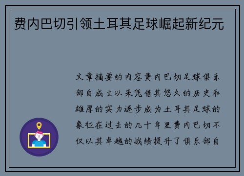 费内巴切引领土耳其足球崛起新纪元
