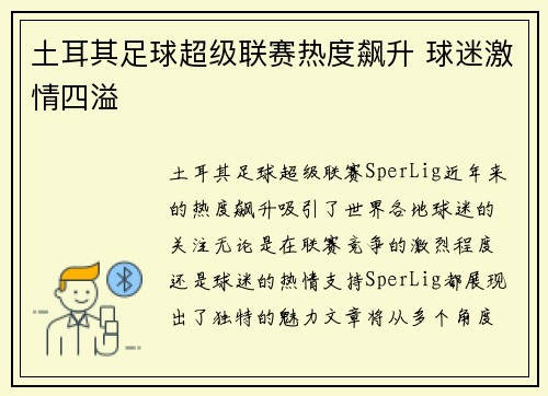 土耳其足球超级联赛热度飙升 球迷激情四溢