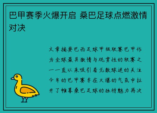 巴甲赛季火爆开启 桑巴足球点燃激情对决